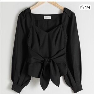 & Other Stories Top Puff Sleeve Tie-Waist Blouse in Black Size: 4 NWOT